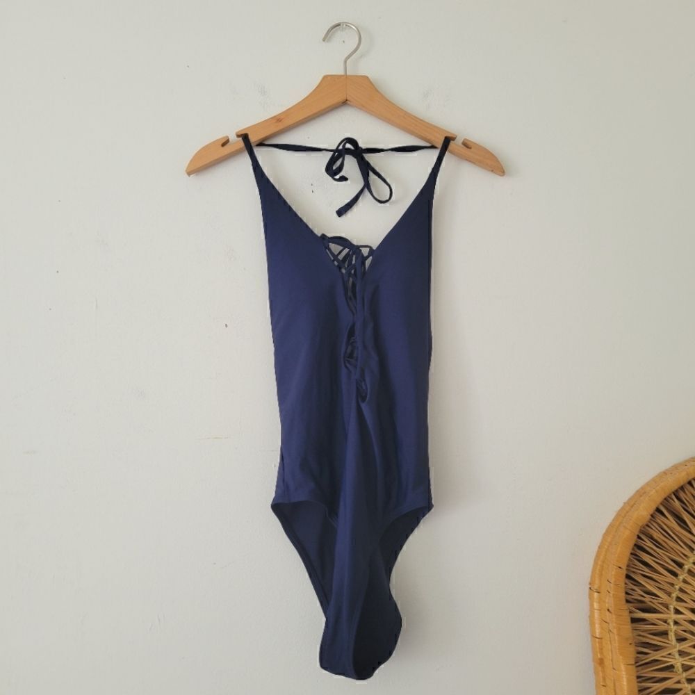 Aerie One Piece Swimsuit Lace Up Navy Blue S Halter Top